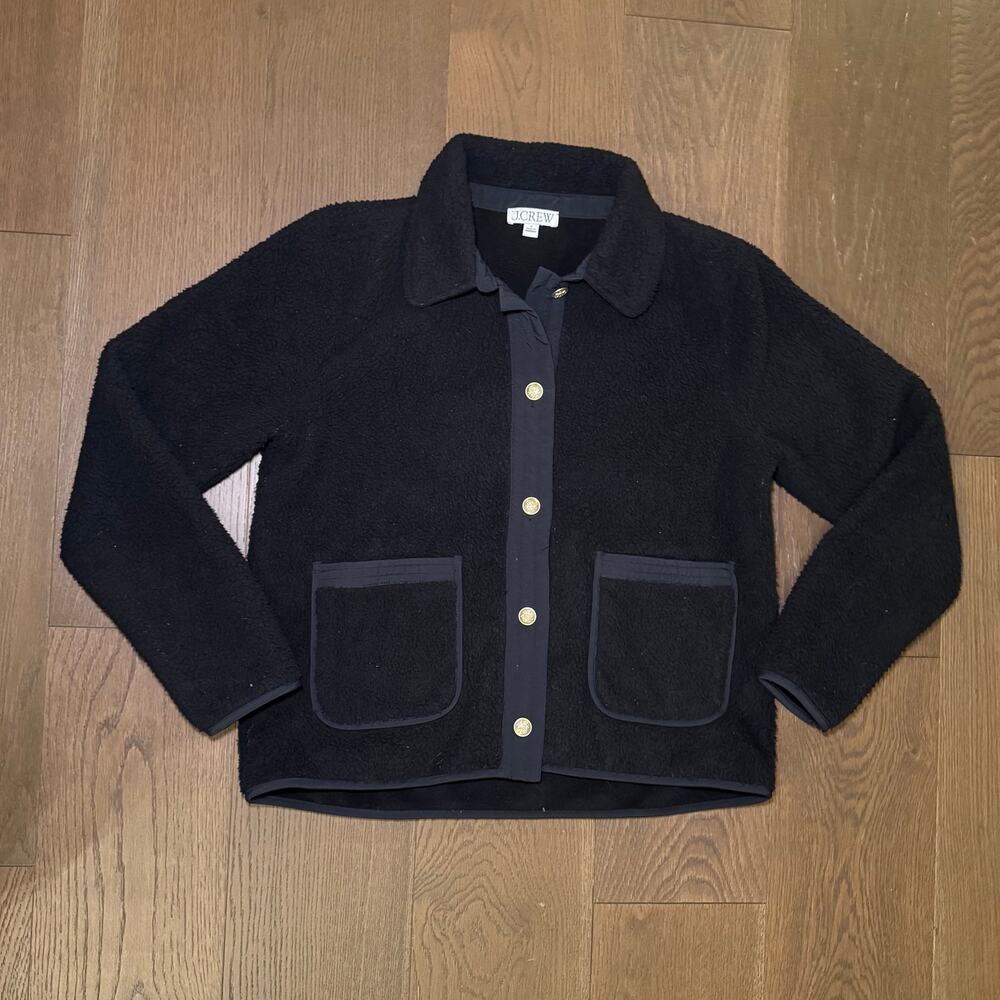 J Crew Teddy sherpa lady jacket BT709 Sz Small Black Gold Buttons Patch Pockets